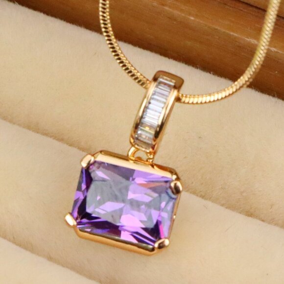 "Elegant Purple Emerald Cut Pendant with Gold Plated Baguette Bail, XPPT1779 - Picture 1 of 13